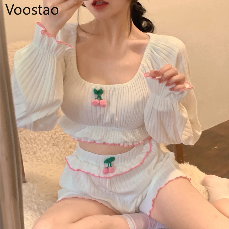 

New Summer Women Sweet Lolita Princess Pajamas 2 Piece Sets Girls Sexy Decorate Cherry Sleepwear Casual Homewear Female Pyjamas