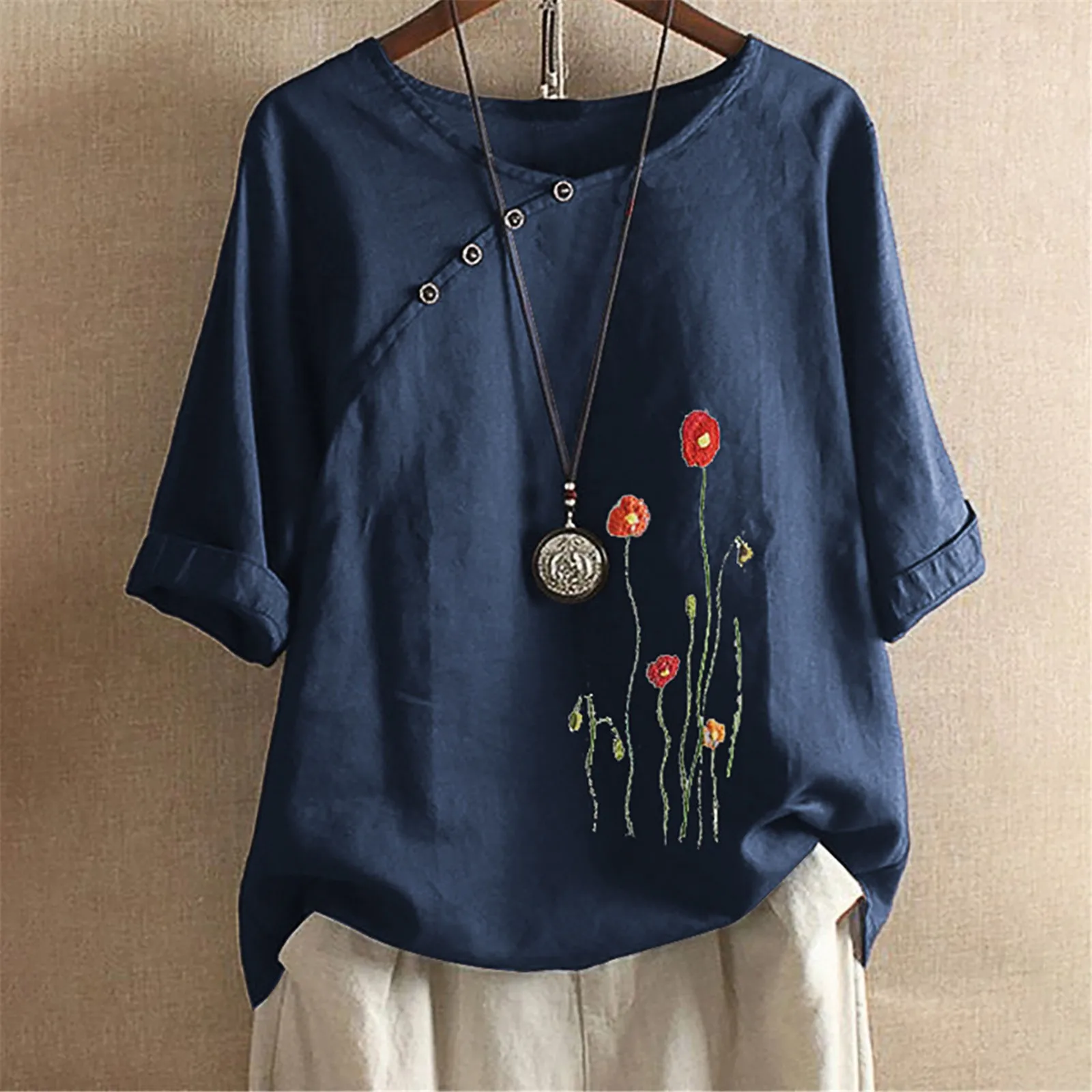 

40# Elegant Half Sleeve Shirt 2021 Vintage Round-neck Floral Print Summer Shirt Plus Size Button Women's Blouse Blusas Mujer
