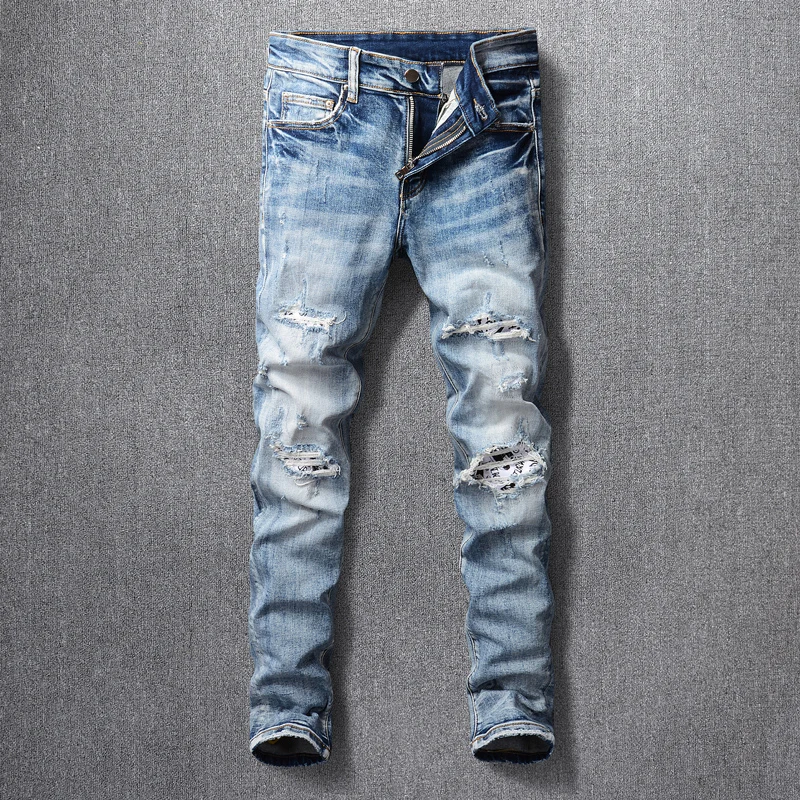 American Street Fashion Men Jeans Retro Blue Elastic Slim Fit Destroyed Ripped Jeans For Men Patches Designer Hip Hop Punk Pants