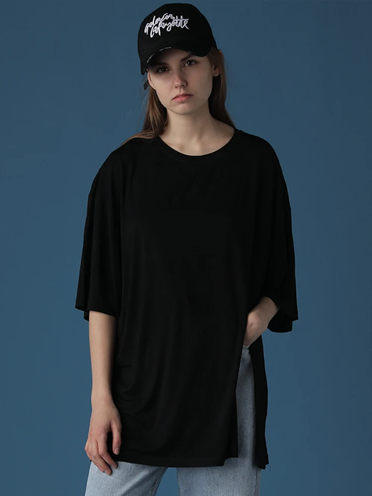 

Black Simple Short Sleeved T Shirt Round Neck Cotton Loose Short Sleeved Summer Split Camisas De Mujer Women's Clothing EF50TS