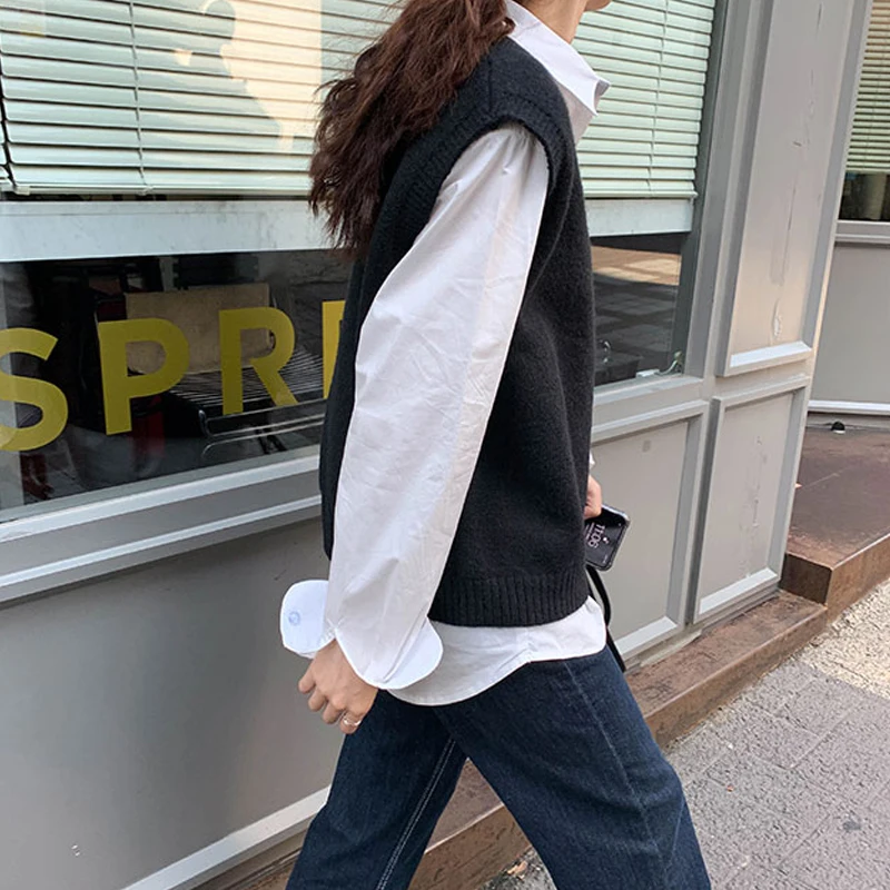 V-neck Womens Knitwear Sweater Knitted Chic Sweaters 2022 Autumn and Winter Solid Sleeveless Pullovers Korean Style 10896 | Женская