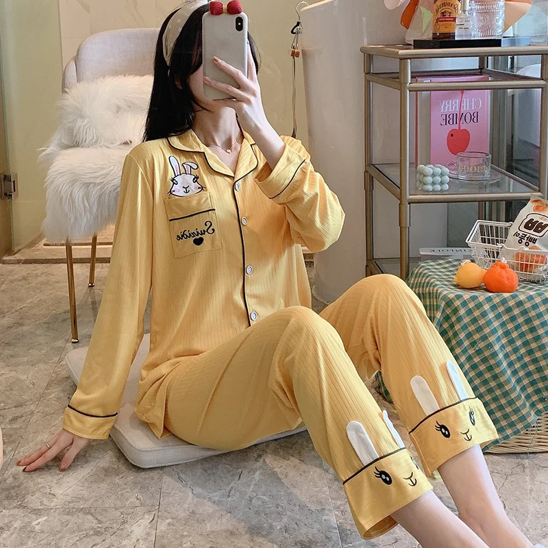 

Пижама с карманами в виде кролика, Женский весенне-осенний кардиган с длинным рукавом, желтый костюм из двух предметов, свободная тонкая дом...