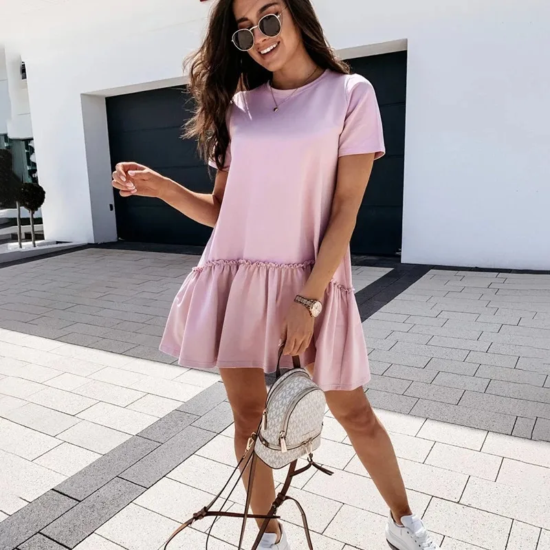 

Loose Summer Dress Women 2021 Ruffles Big Hem Short Sleeve Mini Dress O-Neck Beach Party Dresses Solid Casual Sundress Vestido