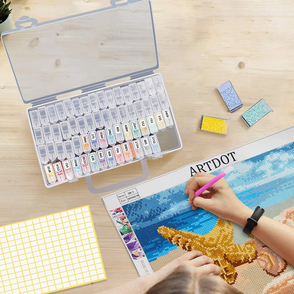 

64 Slots 5d DIY Diamond Painting Accessories Tools Storage Box Diamond Painting Tools Set Carry Case Plastic Storage Box