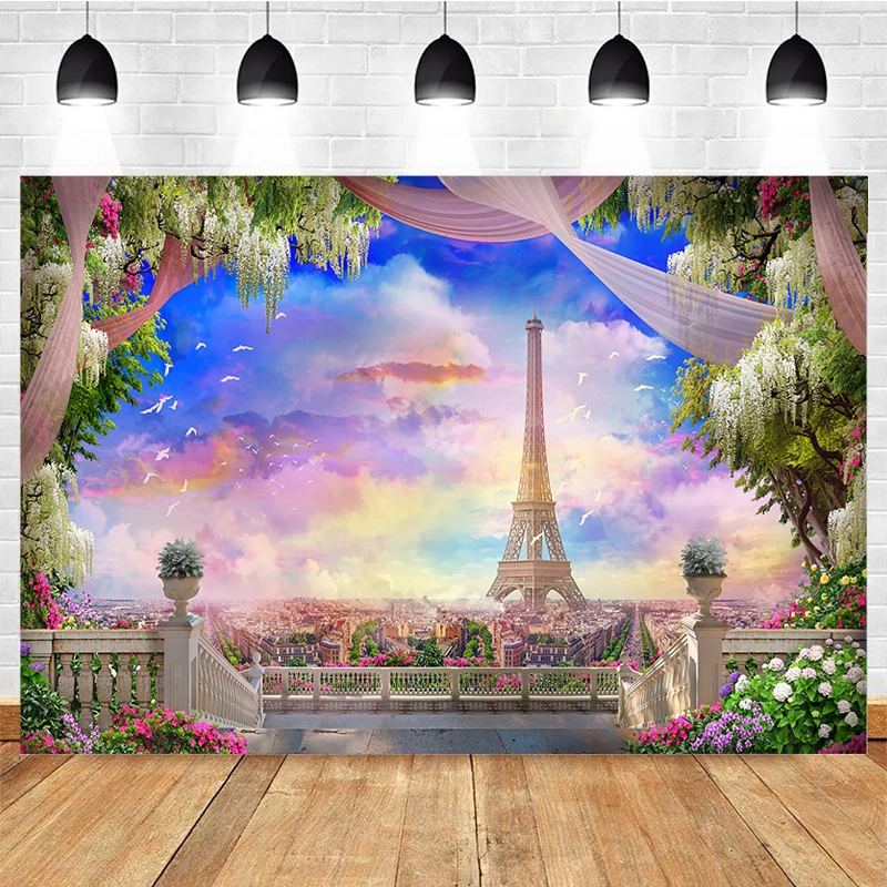 

Mocsicka Valentine's Day Photography Background Paris Tower Clouds Decoration Props Confession Wedding Photo Backdrop Banner