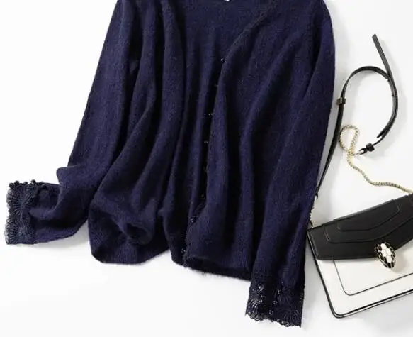 New Fashion V-neck Women Knitted Sweater Cardigan Hollow Lace Stitching Single-breasted Knitwear Short Coat Top |