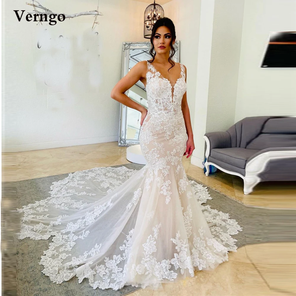 

Пикантное свадебное платье-Русалка Verngo с открытой спиной, кружевное платье с аппликацией и V-образным вырезом, длинное вечернее платье для н...