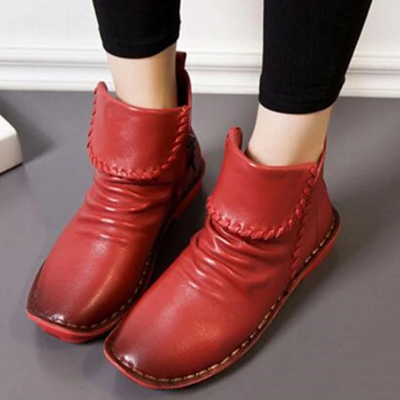 

YAERNI 2021 Fashion Handmade Genuine Leather Boots For Manual suture Women Ankle Shoes Vintage Mom Shoes Retro Style botas mujer