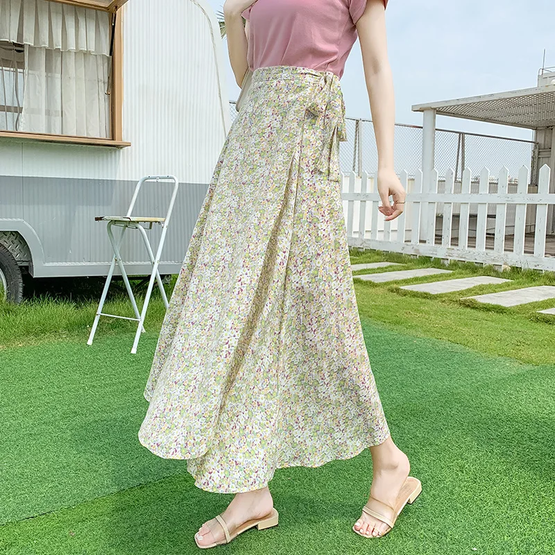 

Chiffon Fragmentary Flower Half Body Skirt Beach Skirt 2020 Women's High Waist Mid Length Floral Sweet Lace Up Irregular Skirt