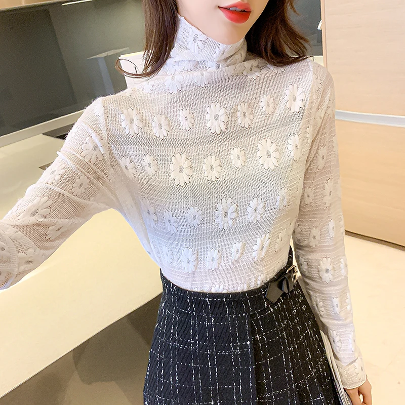 

Women White Half Turtleneck Flower Embroidered Blouses Autumn Spring Elegant Mesh Lace Shirts 2021 New Bottoming Blusas Tops