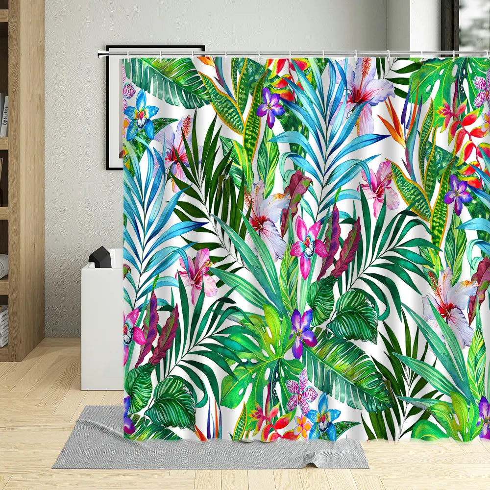 

Spring Green Plant Leaves Shower Curtain Round leafs Flowers Monstera Pattern Background Decorative Cloth Bathroom Bathtub Suit