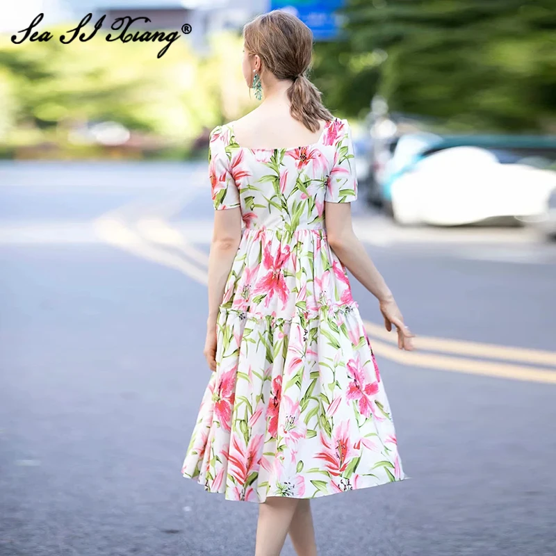 

Seasixiang Fashion Runway Summer Dresses Women's Noble Square Collar Short Sleeve Lily Flower Printed Charming Midi Vestdios