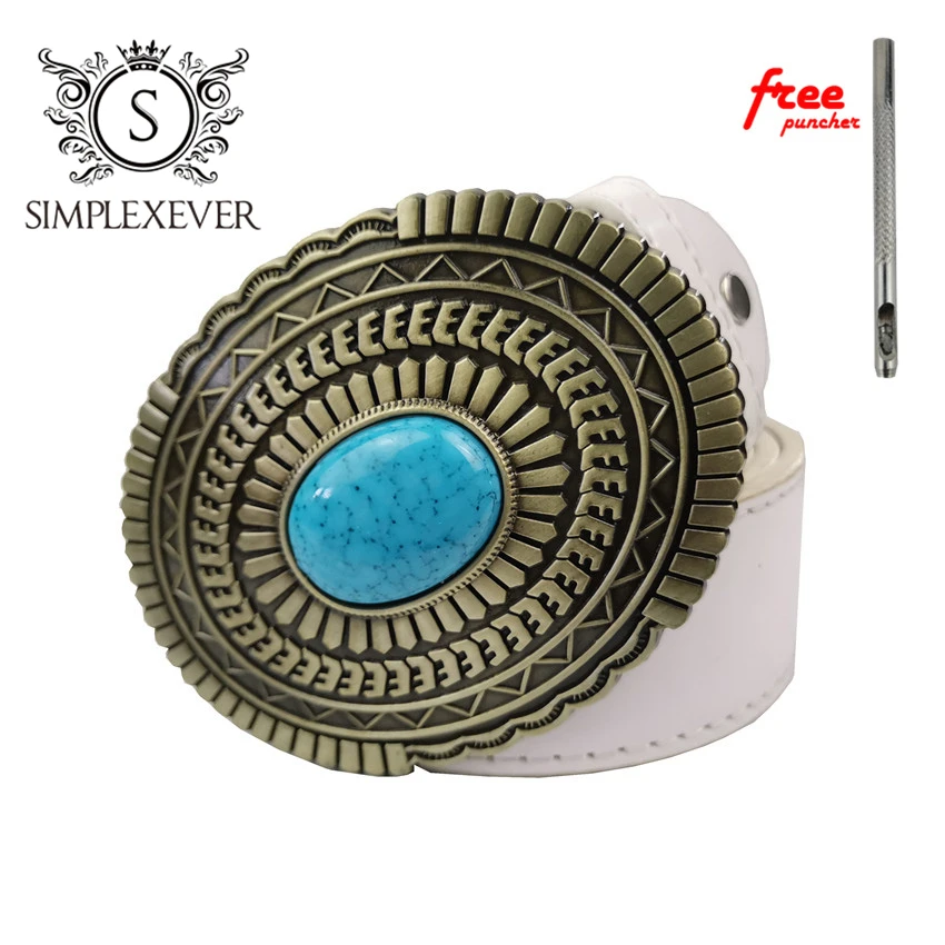 

Antique Style Large Silver Belt Buckle with Blue Diamond Mens Belt Buckle Head with Leather Belt Dropshipping