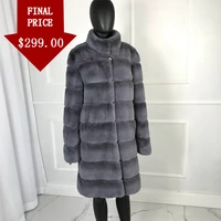 long style high quality fur coat luxury warm women real rex rabbit coat with standing collar genuine rex rabbit fur overcoats e