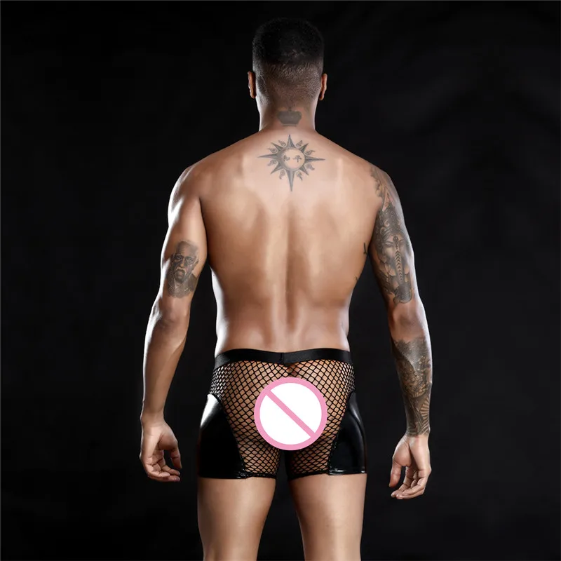 

AIIOU Sexy Wetlook Faux Leather U Convex Pouch Boxer Shorts Men Sexy Mesh See Through Underwear Gay Underpants Sissy Panties