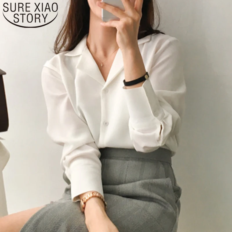 

Блузка женская шифоновая с длинным рукавом, белая однотонная, 2020 50