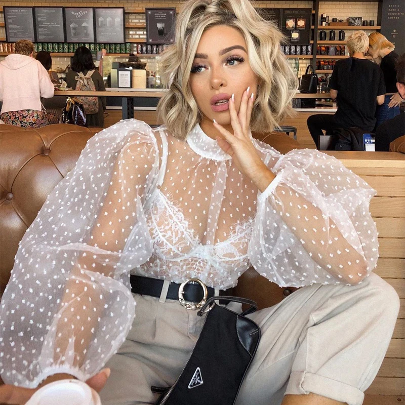 Сезонов из сетки в точечный фонарь с длинным рукавом высоким плотно облегающим