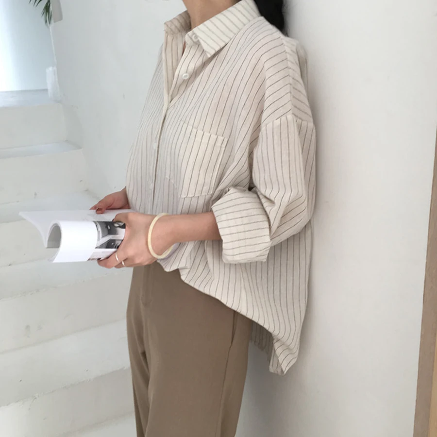 Женские Полосатые блузки Harajuku рубашки с длинным рукавом и отложным воротником