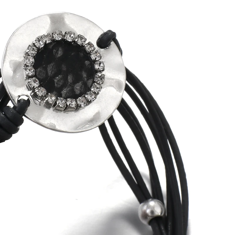 Женские кожаные браслеты ALLYES многослойные черные со стразами и змеиным узором