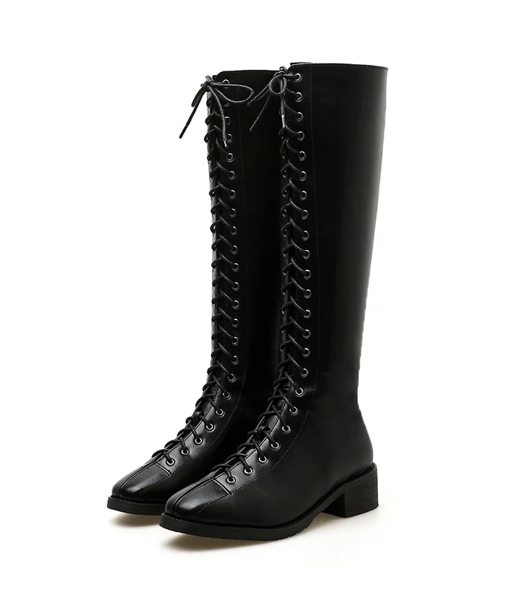 Botas Mujer; сапоги до колена с перекрестной шнуровкой; женские рыцарские сапоги martin; botines; обувь в стиле ретро на шнуровке, на массивном каблуке; зимняя кожаная обувь