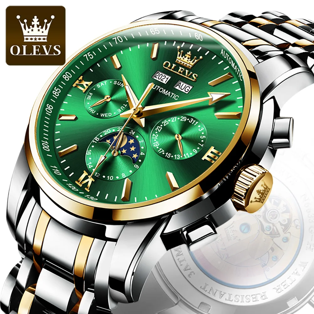 OLEVS Automatic Watch Men Moon Phase Luxury Mechanical Wristwatch Waterproof Sport Stainless Steel Fashion business Men's watch