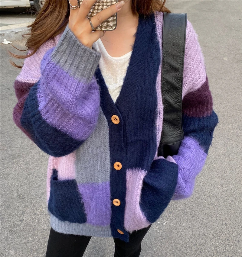 

LMQ NEW 2020 Autumn Winter Women Sweater Cardigans Oversize V Neck Knit Cardigans Outwear Korean Chic Tops Color Block Sweater