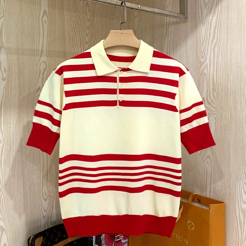 

2022 Spring Summer Vintage Striped Knit T Shirt Men Casual Button Lapel Pullover Fashion Men Short Sleeve Slim Tee Shirt H129