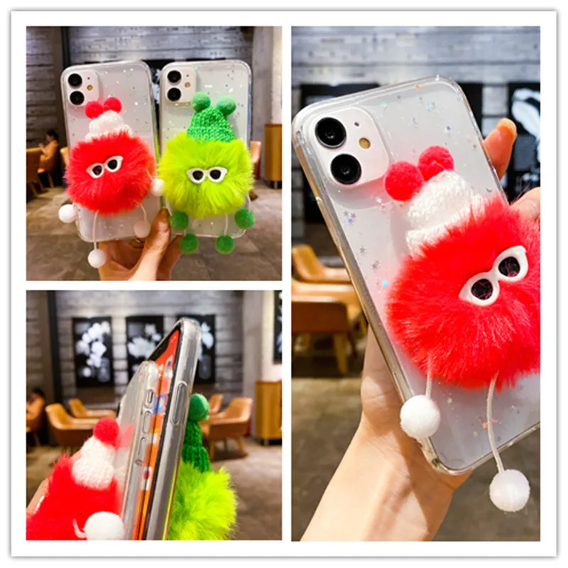 

3D Cartoon Fur Ball Protective Shell Transparent Glitter Phone Cases Cover For Samsung Galaxy Note 20 10 Pro S20 S10 Plus Ultra