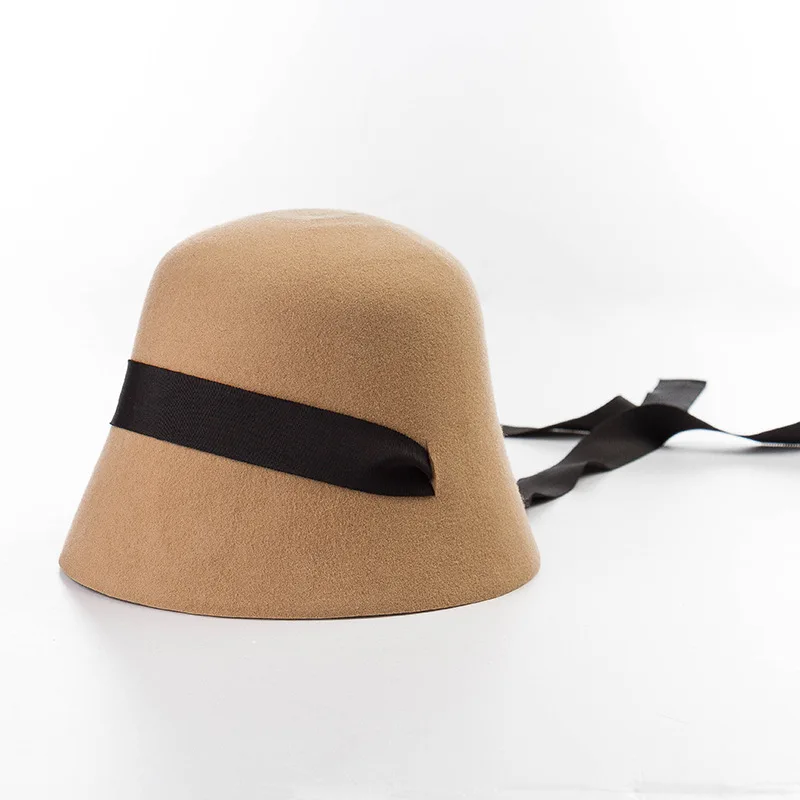 

Japan Autumn Winter Fashion Bandage Real Woolen Fedoras Hat Women Casual Wool Felt Bucket Hat Female Vintage Top Hat
