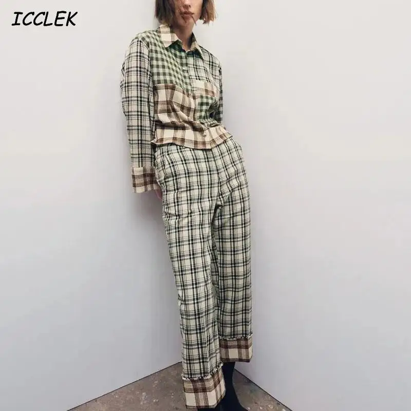 

Женский оригинальный комплект 2021, рубашка с длинным рукавом и воротником с лацканами и пуговицами + Прямые брюки со вставками, винтажные сво...