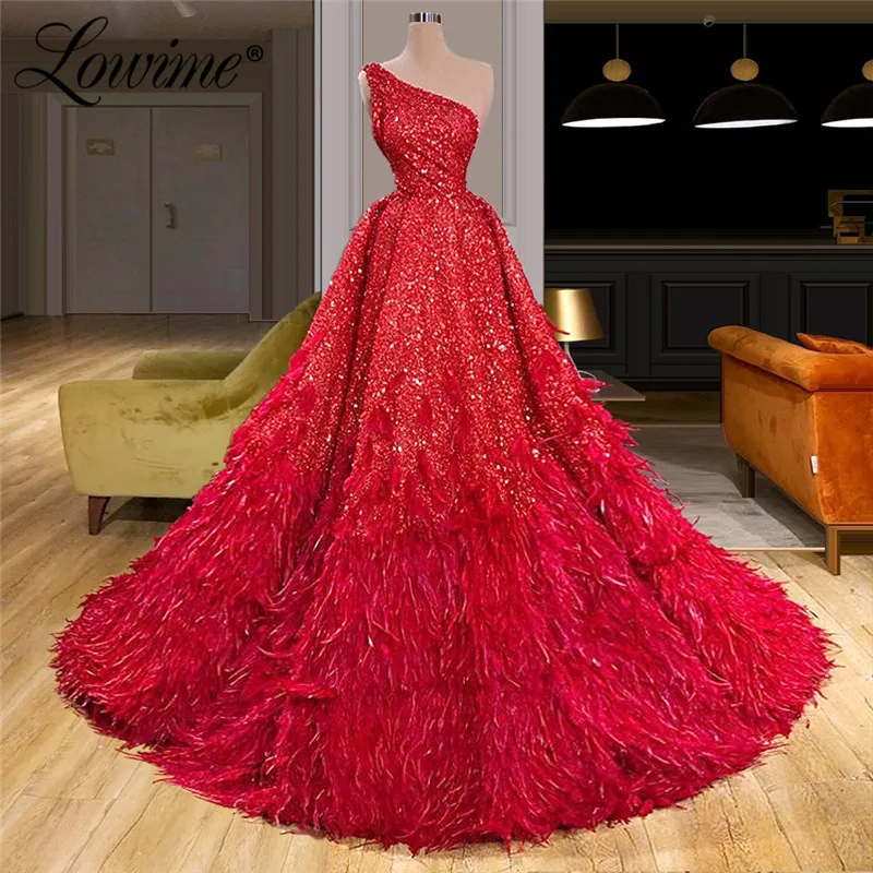 

Saudi Arabia One Shoulder Sequins Evening Dresses 2020 Middle East Kaftans Red Dubai Arabic Robe De Soiree Prom Party Gowns