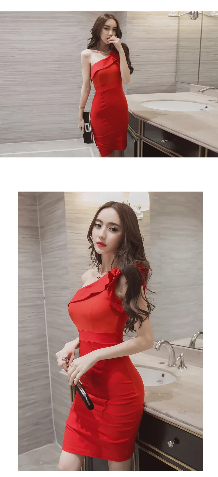 Ladies Sleevelss Sheath Ruffle Wrap Black Mini Dress Women Sexy Dinner Dresses for Women Red One-Shoulder Evening Party Dress