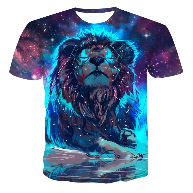 

3D printed casual men 's lion tiger tops fierce Summer short-sleeved funny animal T- T-shirt shirt round neck shirt streetwear