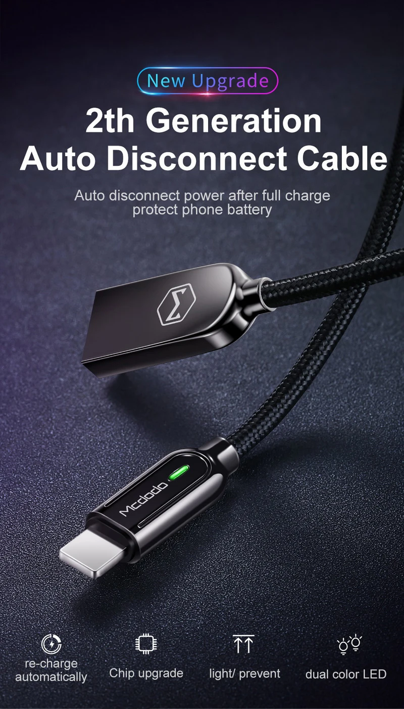 MCDODO для iPhone кабель автоматическое отключение USB кабель передачи данных для быстрой зарядки для iPhone XS MAX XR X 7 8 6s USB кабели зарядное устройство Шнур