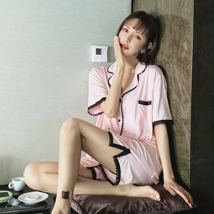 

Pajamas women's summer new short sleeve shorts Korean style suit popular princess style lace home clothes