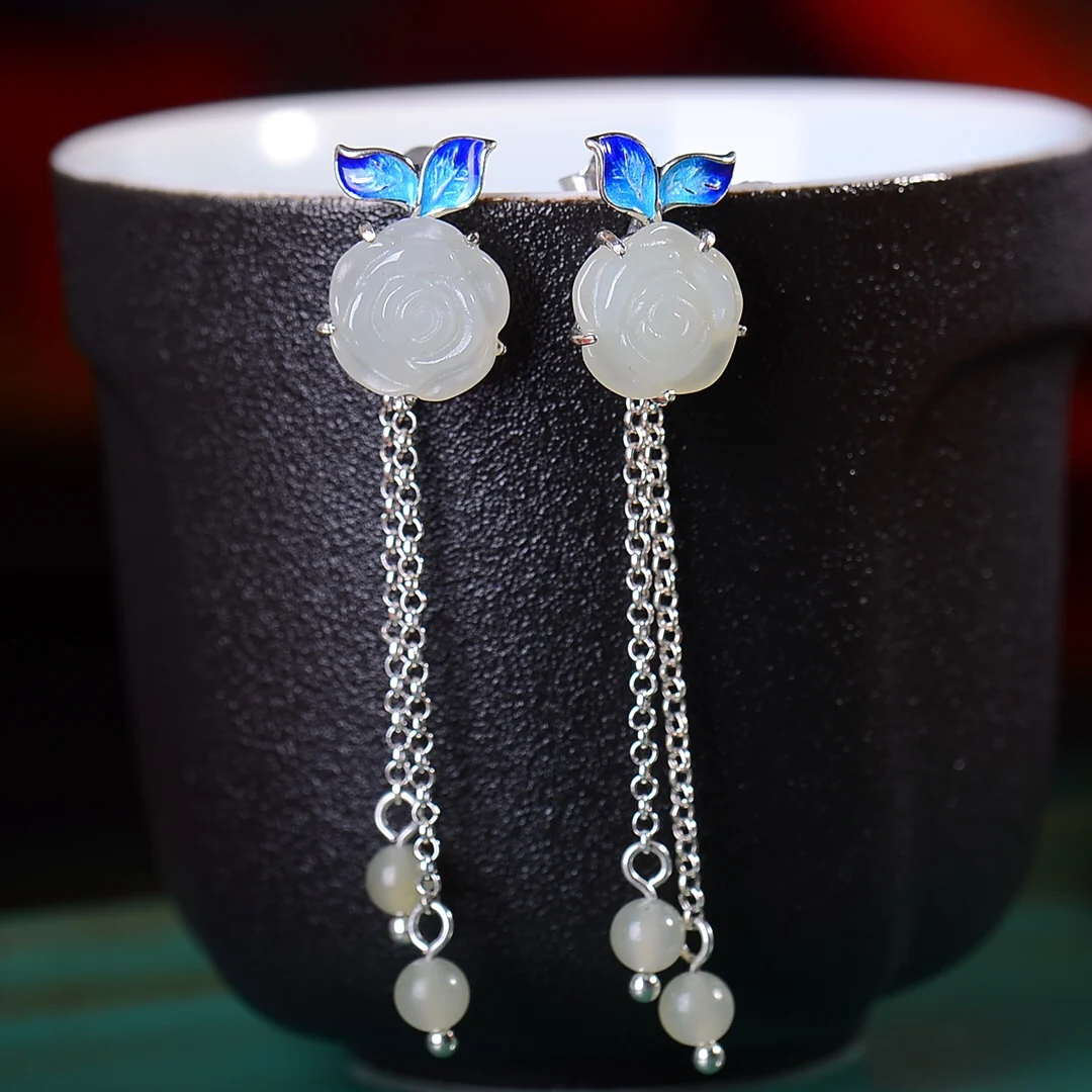 

7140 # S925 Серебряные серьги Чонсам из натурального нефрита