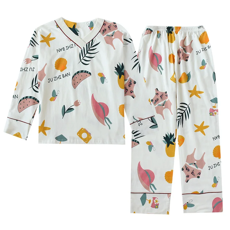 

Spring and autumn pajamas women's all cotton knitted V-Neck long sleeve cartoon household clothes cute long sleeve trousers suit
