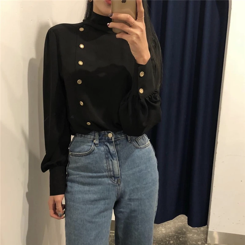 SHENGPALAE New Spring Spring Korea Style Full Lantern Sleeve Stand Collar With Button Chiffon Single Breasted Women Shirt FR397