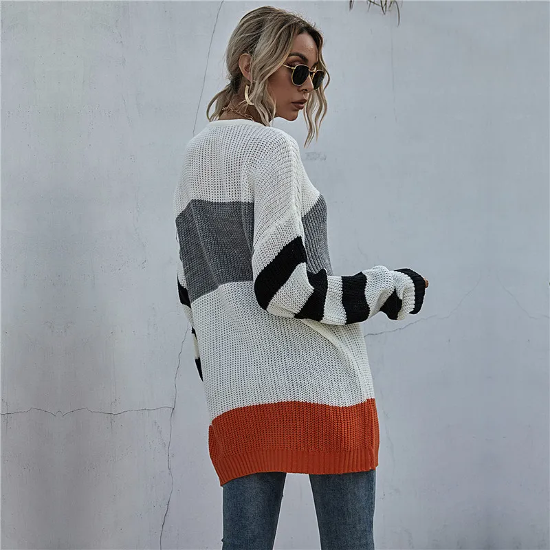 

Autumn Winter Striped Knitted Pullovers Sweater Women Casual Full Sleeve Jumper Sweater Tops For Women 2021 New