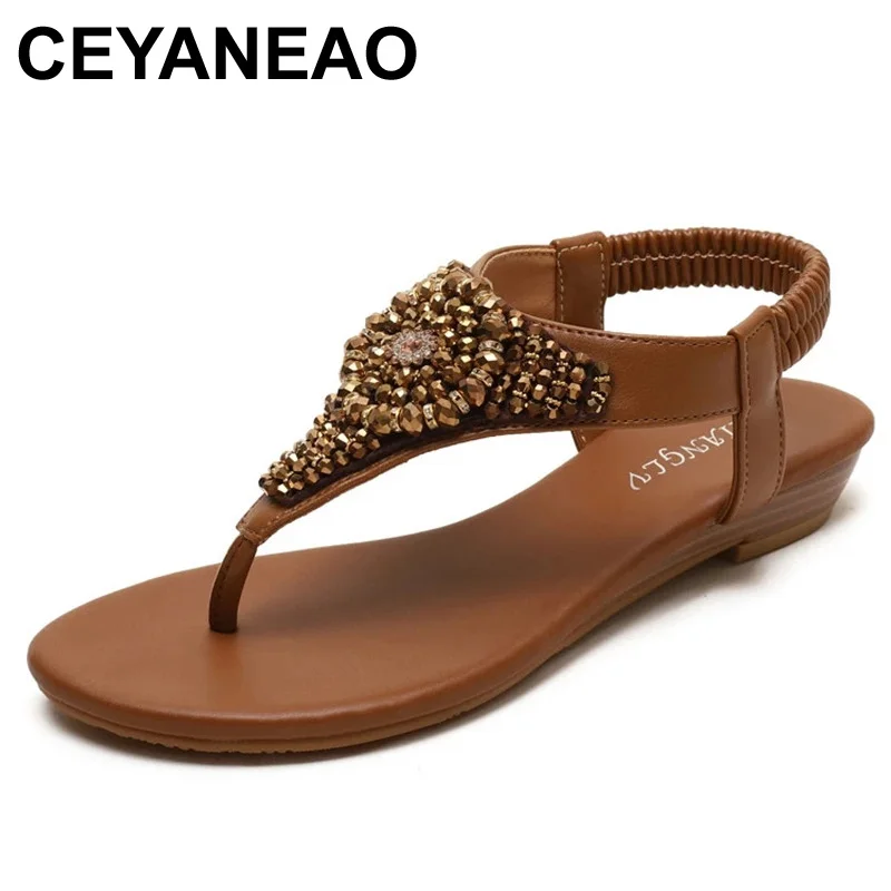CEYANEAOSummer женские сандалии стразы на плоской подошве женская обувь с перемычкой для большого пальца на открытом воздухе Повседневная Удобная пляжная обувь; Модные женские вьетнамки