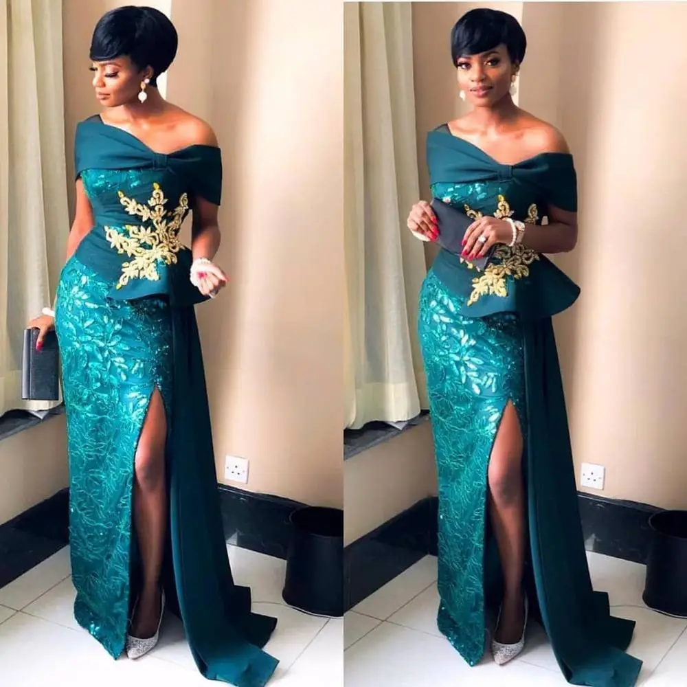 

vestido de fiesta Teal Evening Dress African Wear robe de soiree abendkleider Elegant Applique Prom Dresses Slit abito da sera