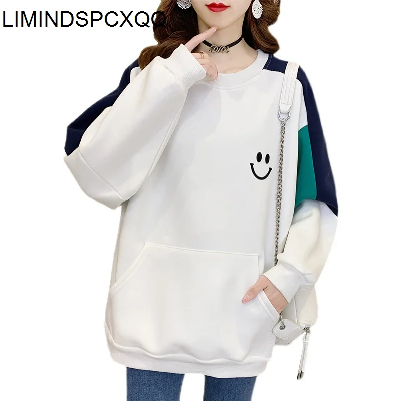

2021 O Neck Ladies Sweatshirt Long Sleeve Spring Loose Splicing Tops Pocket Korean Fashion Style Clothing Casual Womens Pullover