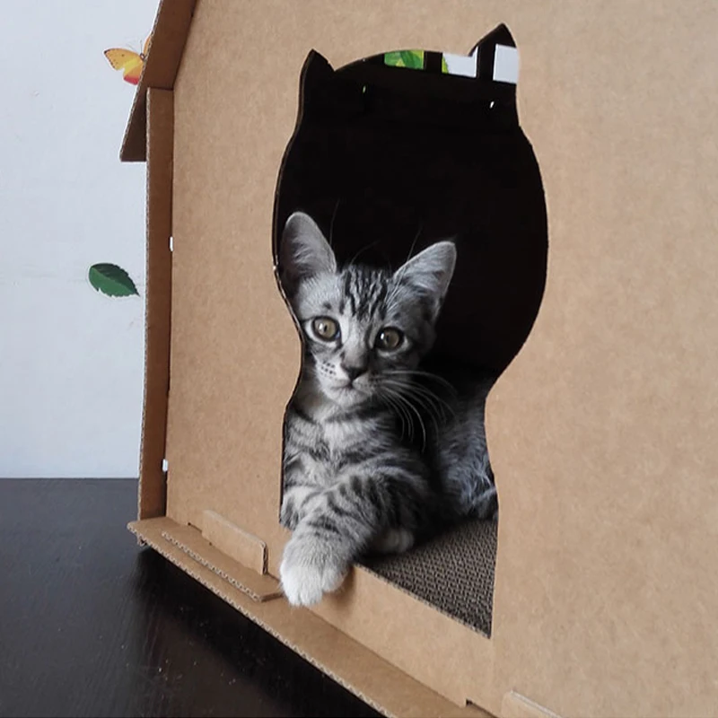 DIY картонная коробка Кошкин дом имеет небольшие инструменты для окон скретч