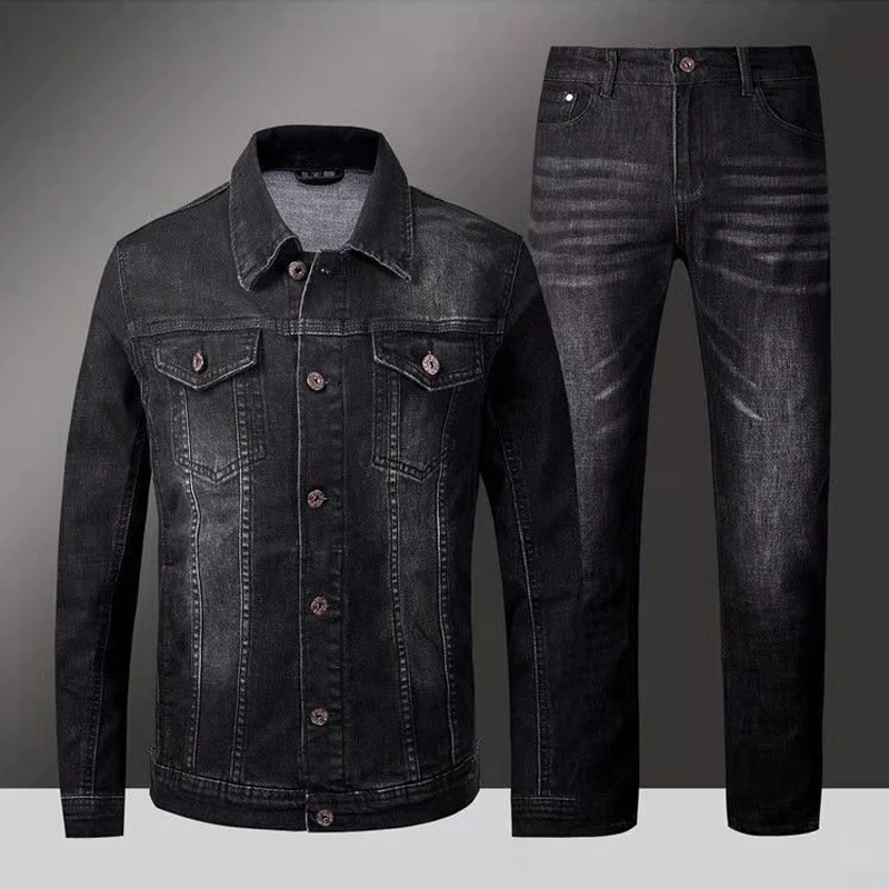 

Autumn men's Denim suit men's fashion Korean slim fit leisure handsome social jacket coat pants two-piece set