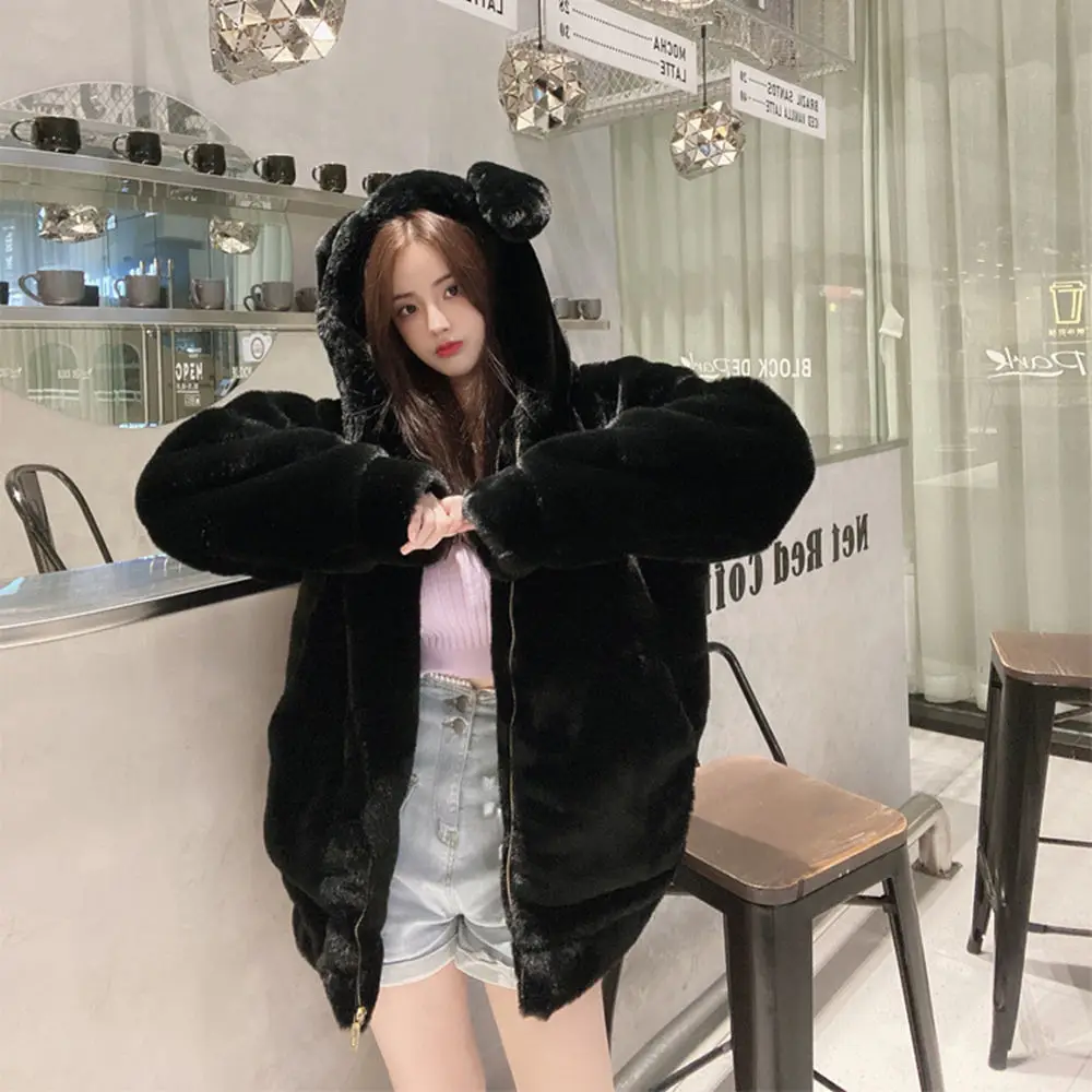 

Женское зимнее пальто из меха норки, с капюшоном из искусственного кроличьего меха, новинка 2021, мягкое очень большое теплое пальто свободно...