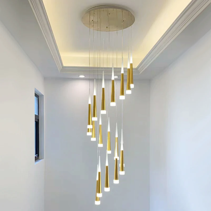 Escalera de techo con luces LED de lluvia de meteorito dorado, lámpara colgante en espiral minimalista, moderna, decoración para sala de estar, iluminación interior