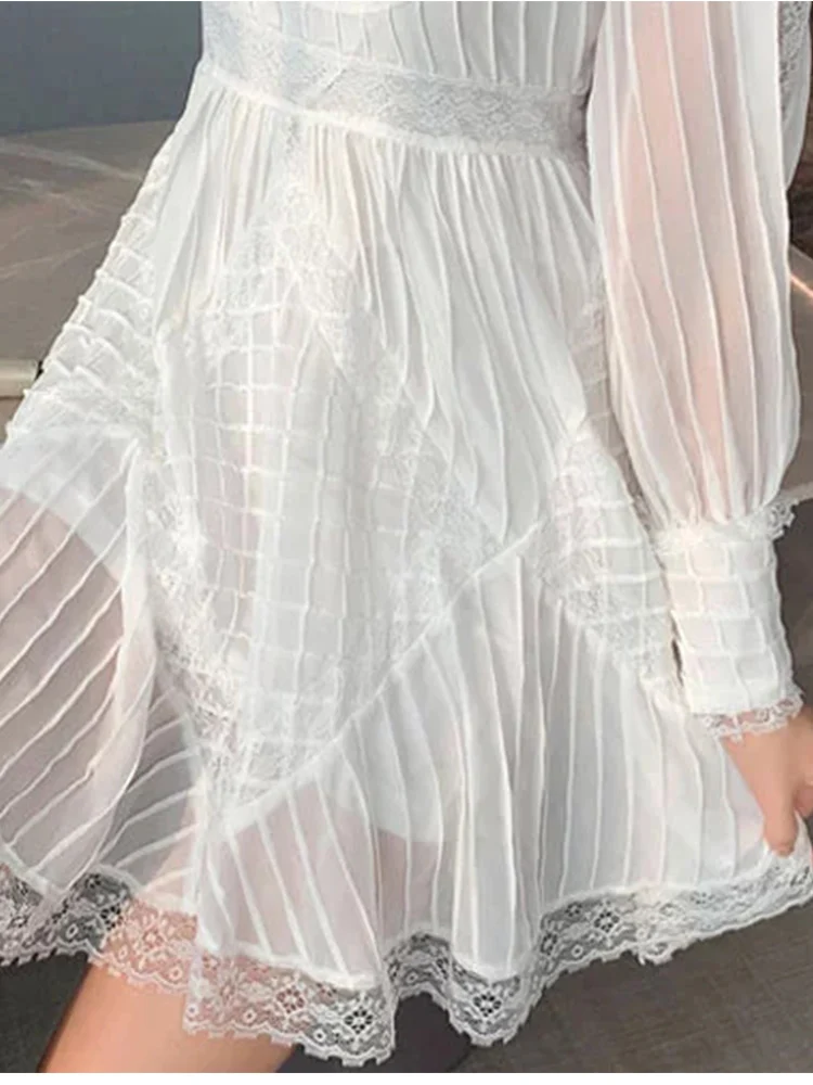 

Heavy craftsmanship applique folds rhombus stitching hollow lace waist waist dress ladies spring new style pleated puff skirt