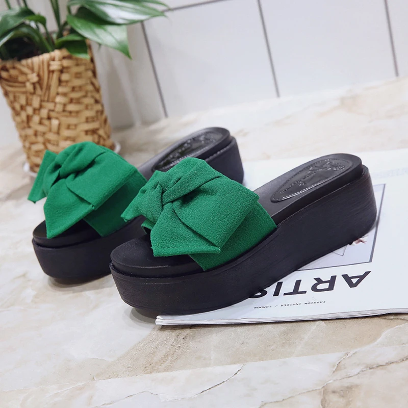 Шлепанцы Aphixta женские на платформе пляжная обувь с бантиком зеленые сандалии