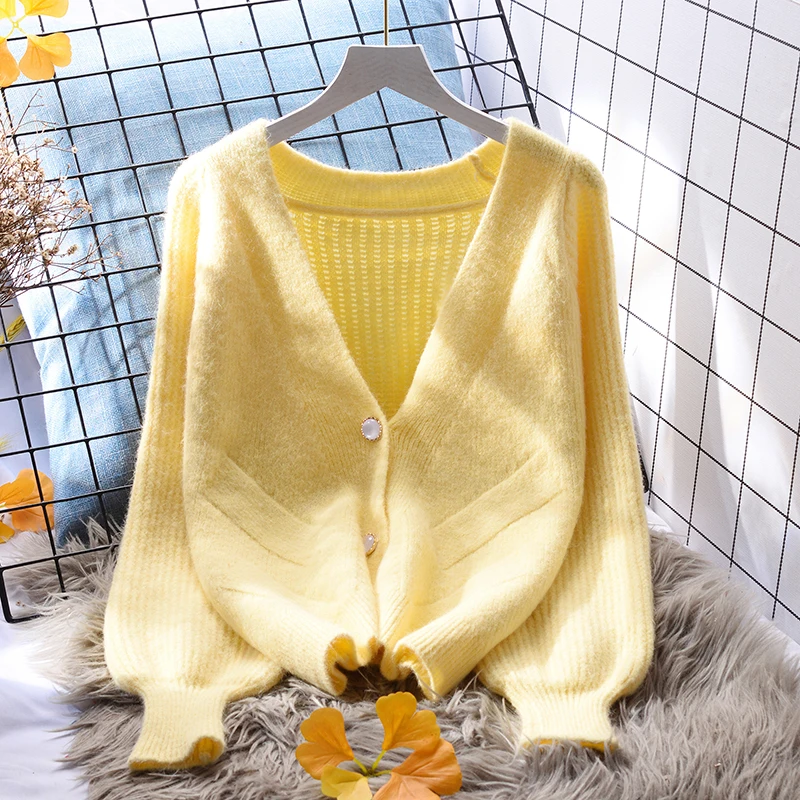 

Yellow Knitted Women Sweater Cardigan Autumn Winter New 2021 V-Neck Lantern Sleeved Thicken Warm Female Outwear Coats Tops