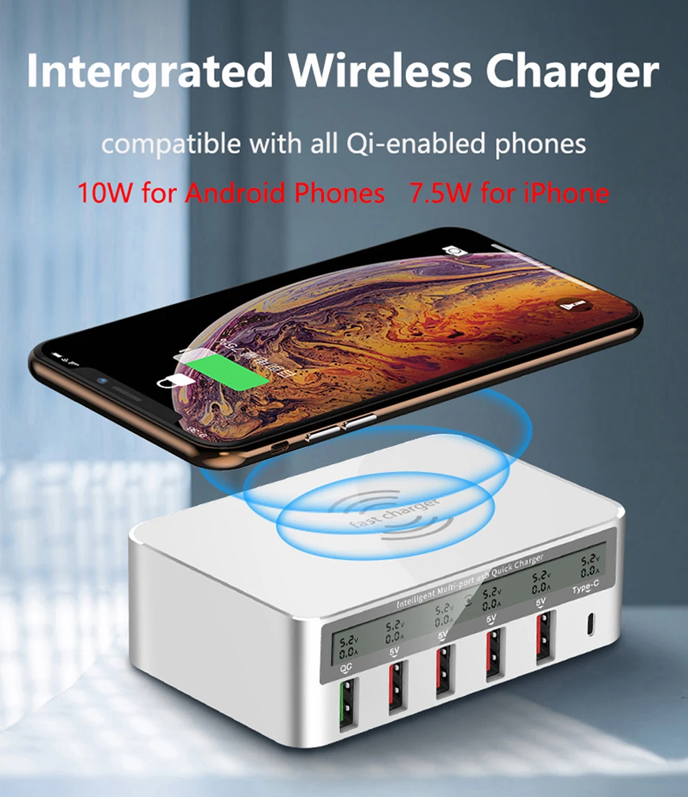 5 USB порт быстрое зарядное устройство 3,0 PD USB C Быстрая зарядка для iPhone 8X8 plus samsung S10 xiaomi huawei Беспроводное зарядное устройство светодиодный дисплей